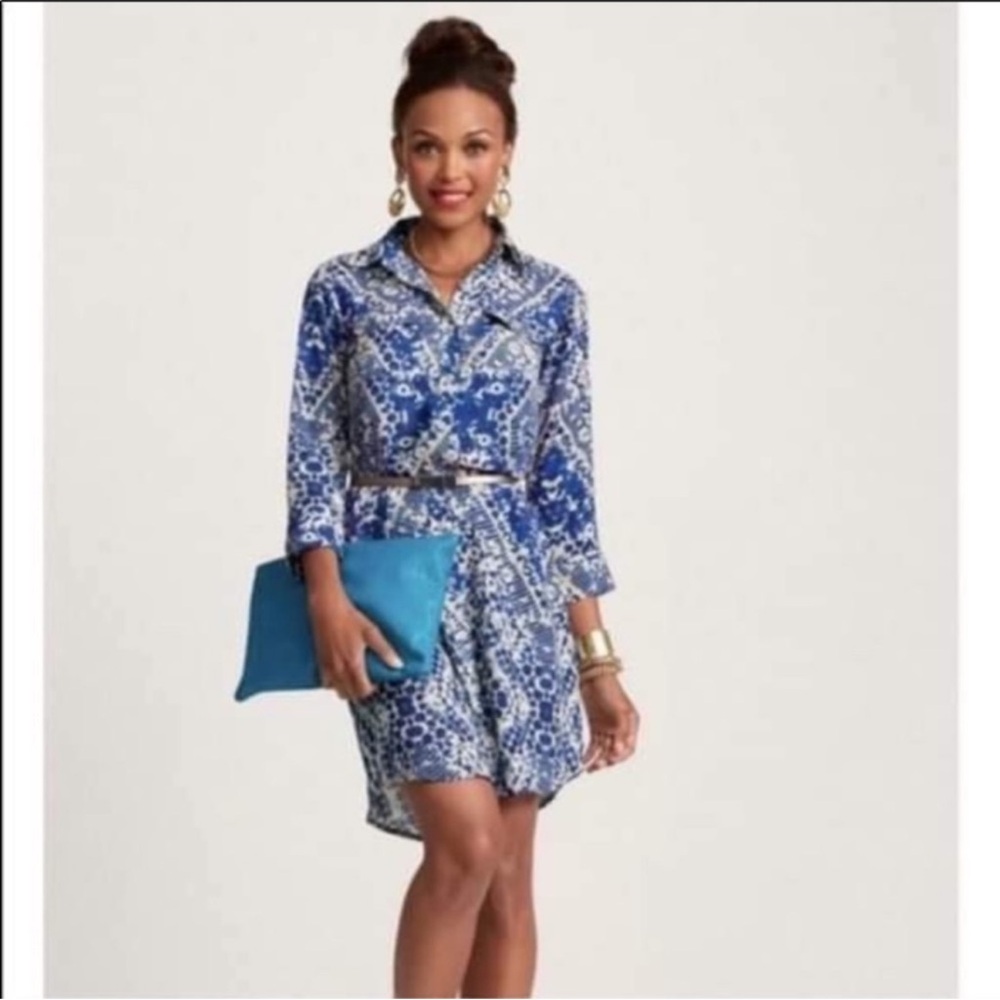 CAbi Navy and Cream Jewel Shirt Dress #422 NWT S